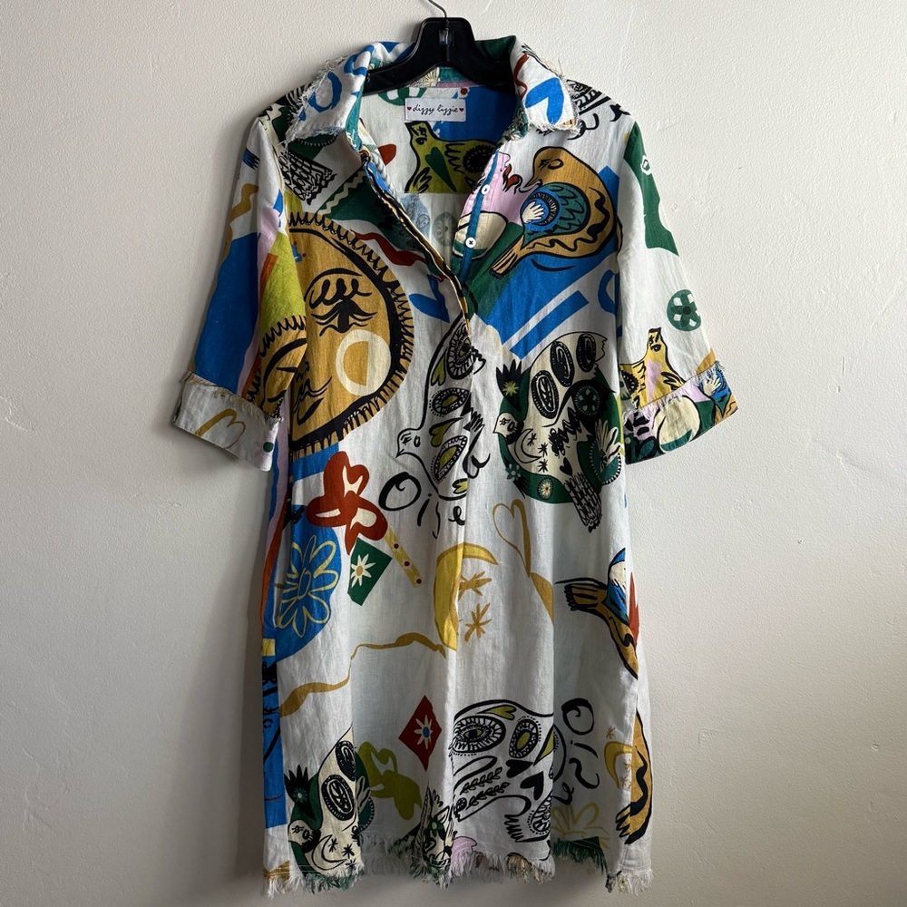 Colorful Abstract Print Shirt Dress - White Multi
